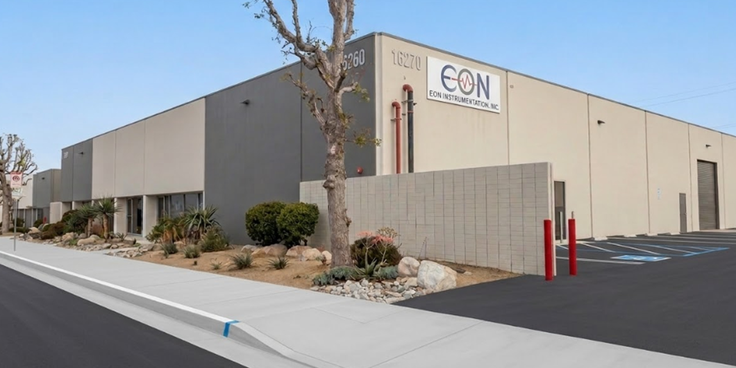 Shows outside of Eon's 2nd Van Nuys Facility, a tan and gray 20,000 square foot building