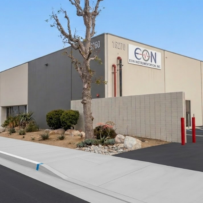 Shows outside of Eon's 2nd Van Nuys Facility, a tan and gray 20,000 square foot building