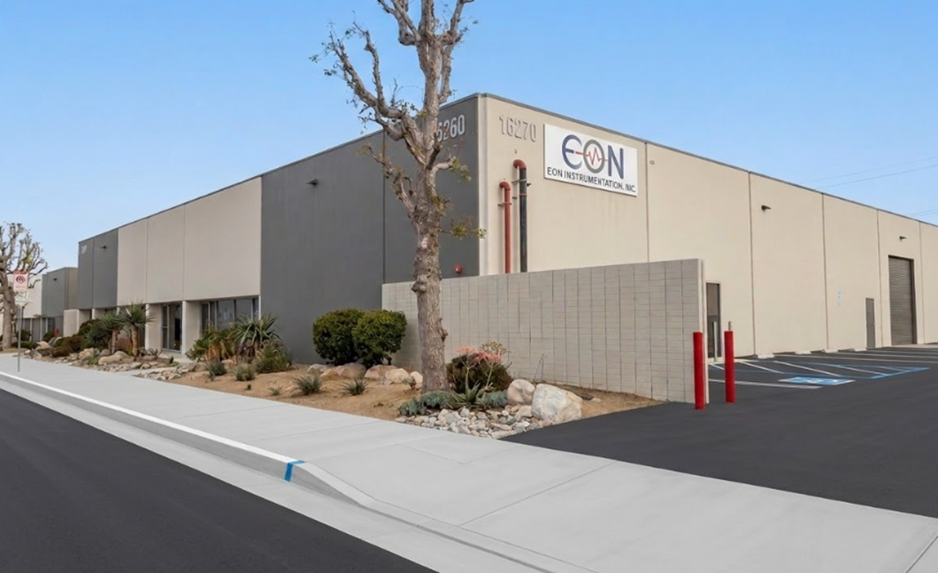 Shows outside of Eon's 2nd Van Nuys Facility, a tan and gray 20,000 square foot building